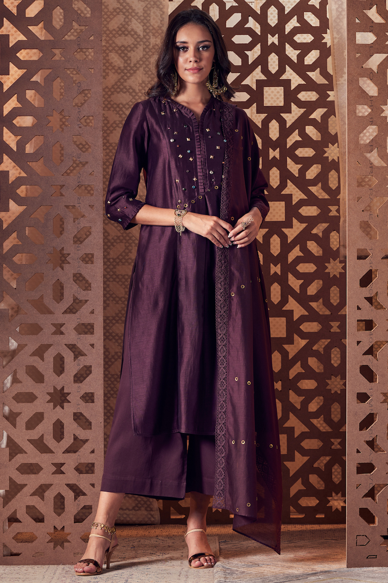 Chocolate Brown Chanderi Kurta Set by Charkhee at Pernia's Pop Up Shop