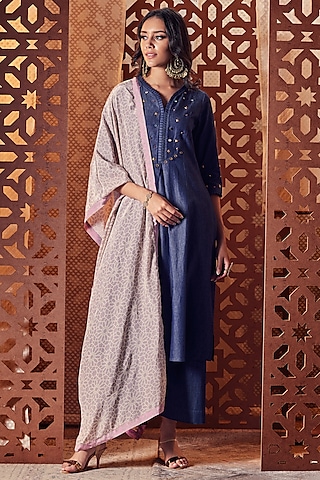 Navy Blue Denim Kurta Set by Charkhee
