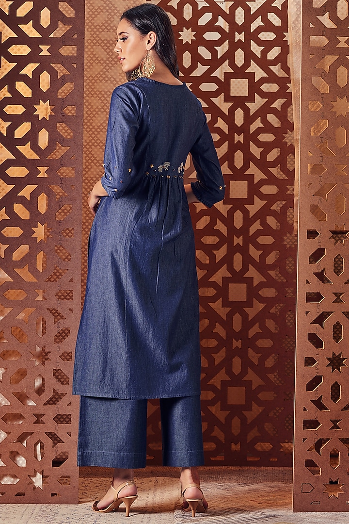 Navy Blue Denim Kurta Set by Charkhee at Pernia's Pop Up Shop