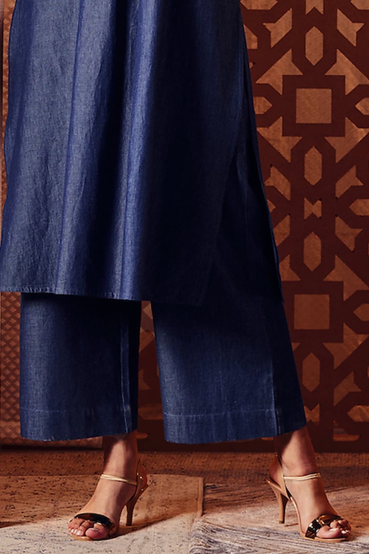 Navy Blue Denim Kurta Set by Charkhee at Pernia's Pop Up Shop