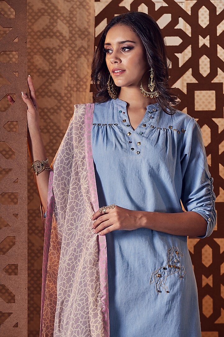 Sky Blue Embroidered A-Line Kurta Set by Charkhee at Pernia's Pop Up Shop