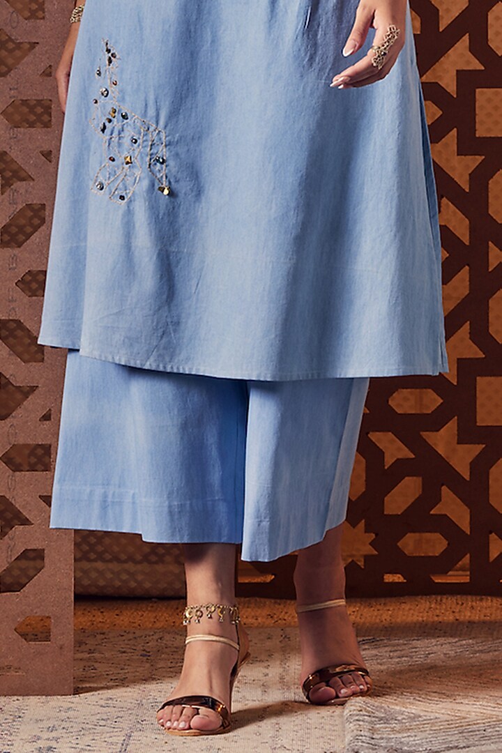 Sky Blue Embroidered A-Line Kurta Set by Charkhee at Pernia's Pop Up Shop