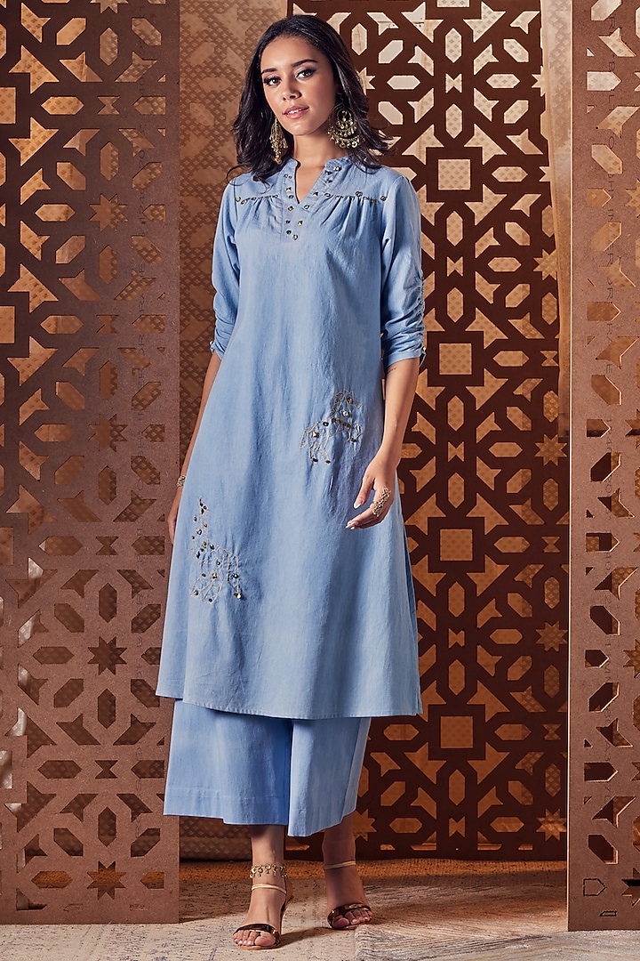 Sky Blue Embroidered A-Line Kurta Set by Charkhee at Pernia's Pop Up Shop
