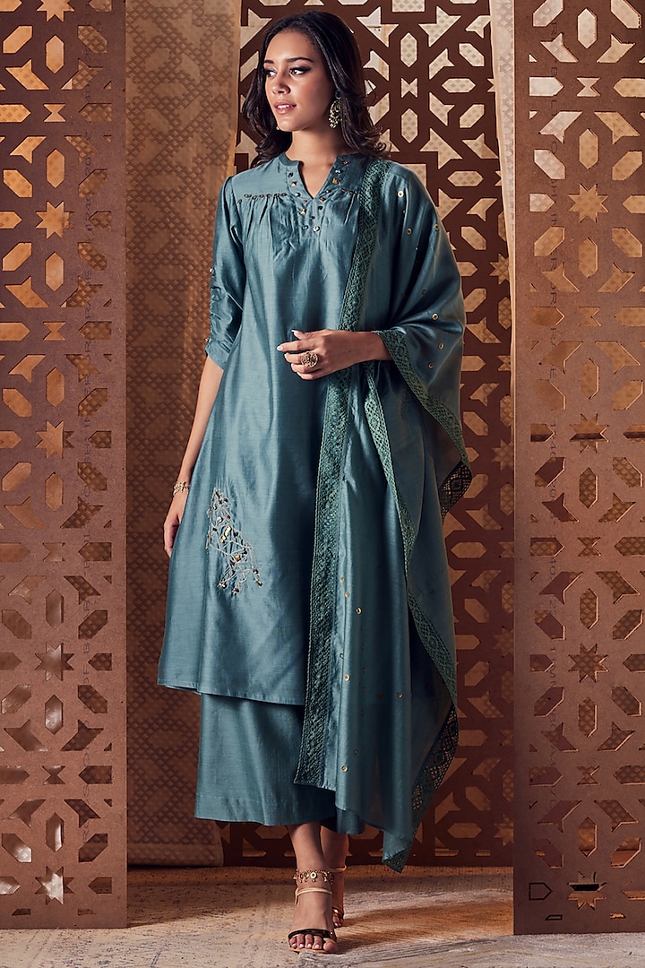 Blue Embroidered A-Line Kurta Set by Charkhee