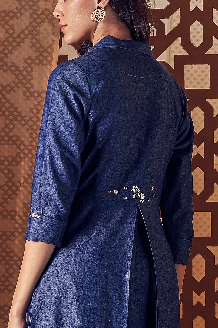 Navy Blue Denim Jacket Kurta Set by Charkhee at Pernia's Pop Up Shop