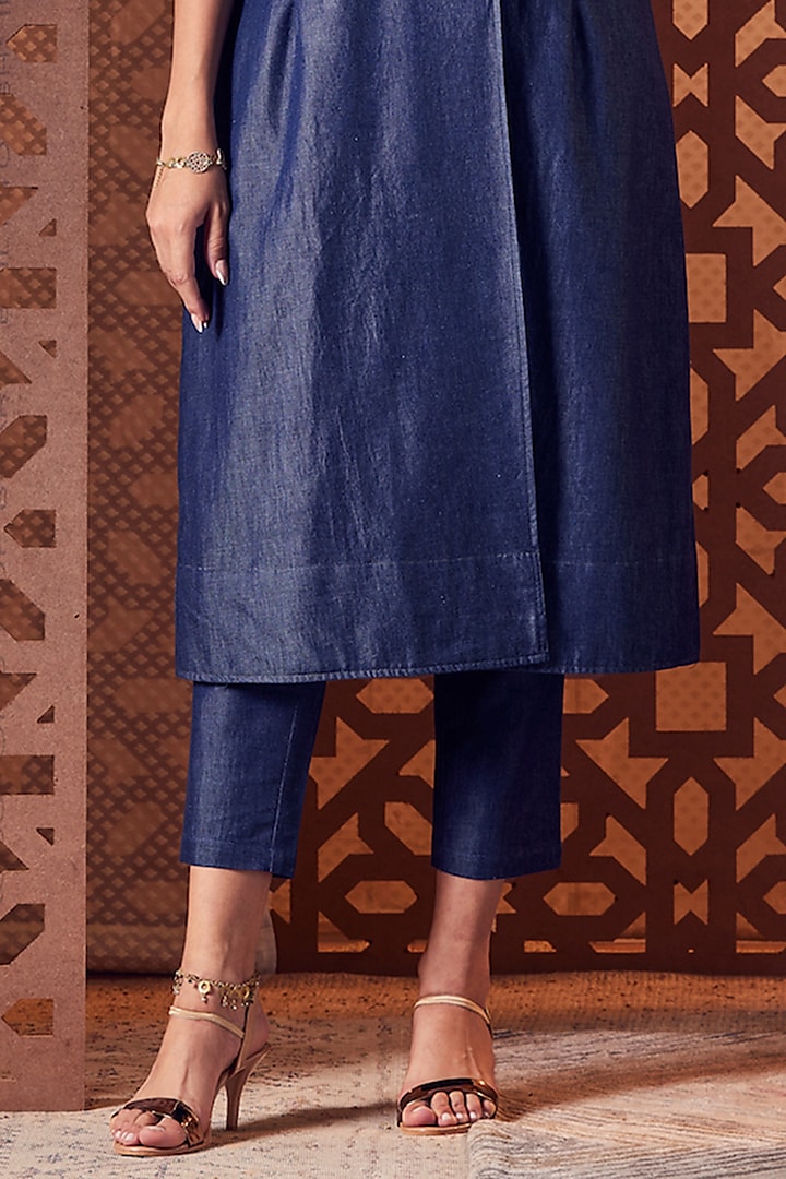 Navy Blue Denim Jacket Kurta Set by Charkhee at Pernia's Pop Up Shop
