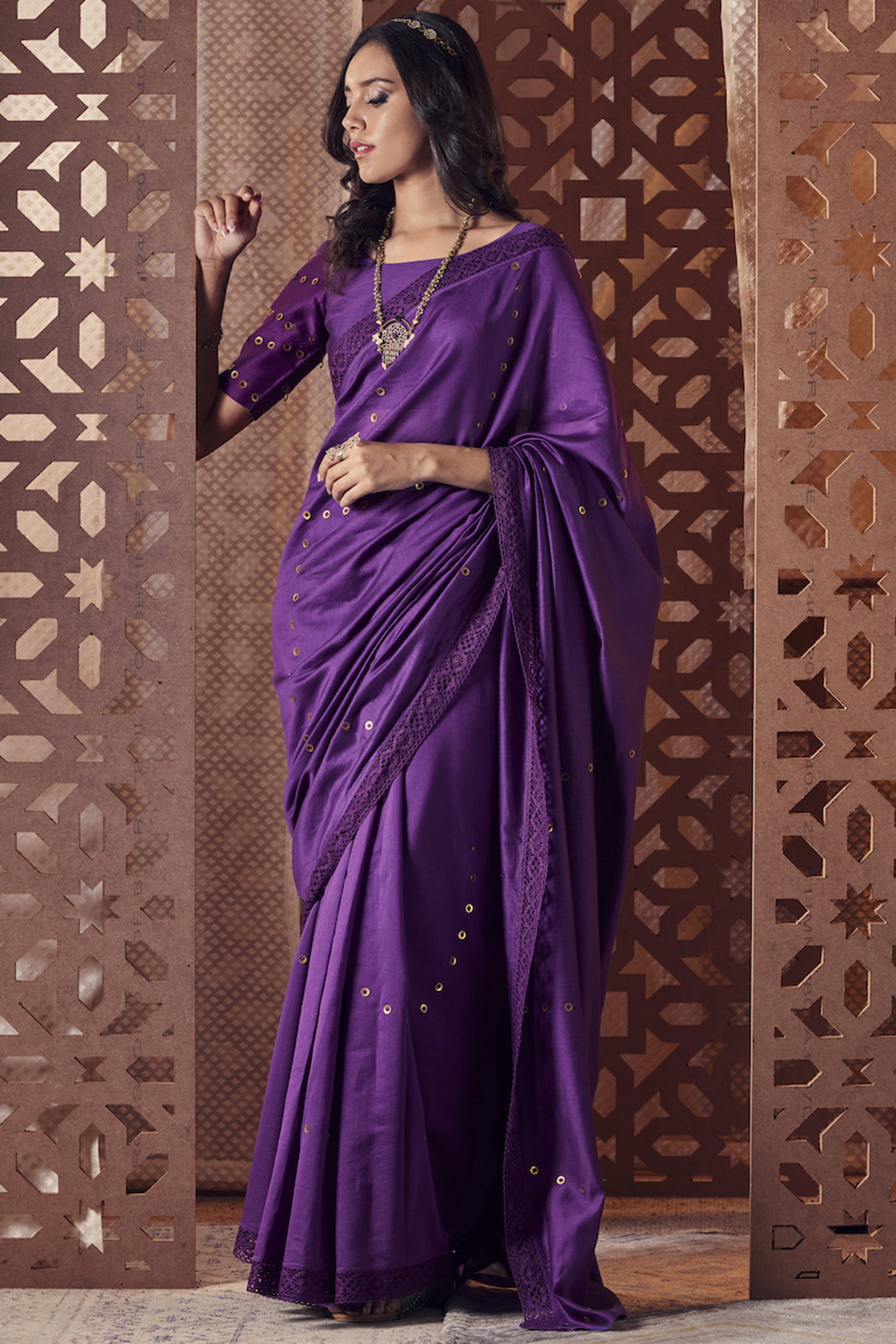 Purple Chanderi Embellished Party Wear Saree Set by Charkhee at Pernia's Pop Up Shop