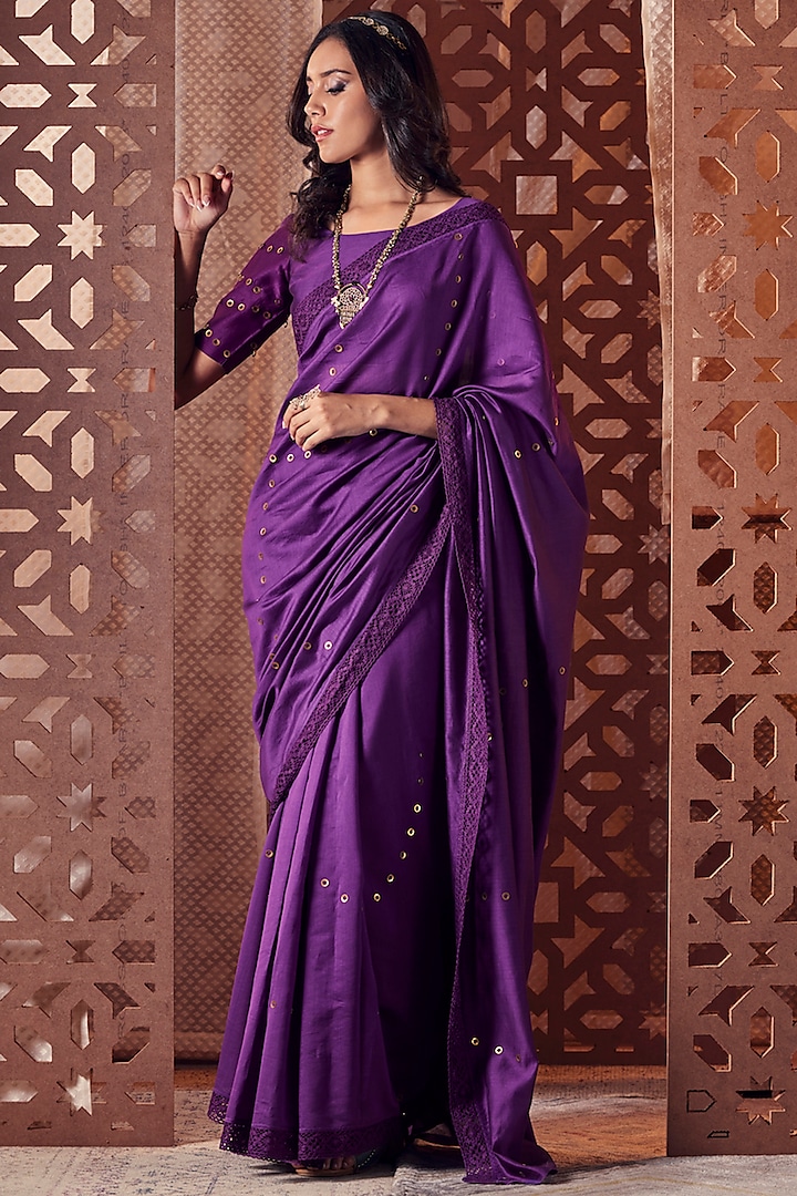 Purple Chanderi Embellished Saree Set by Charkhee