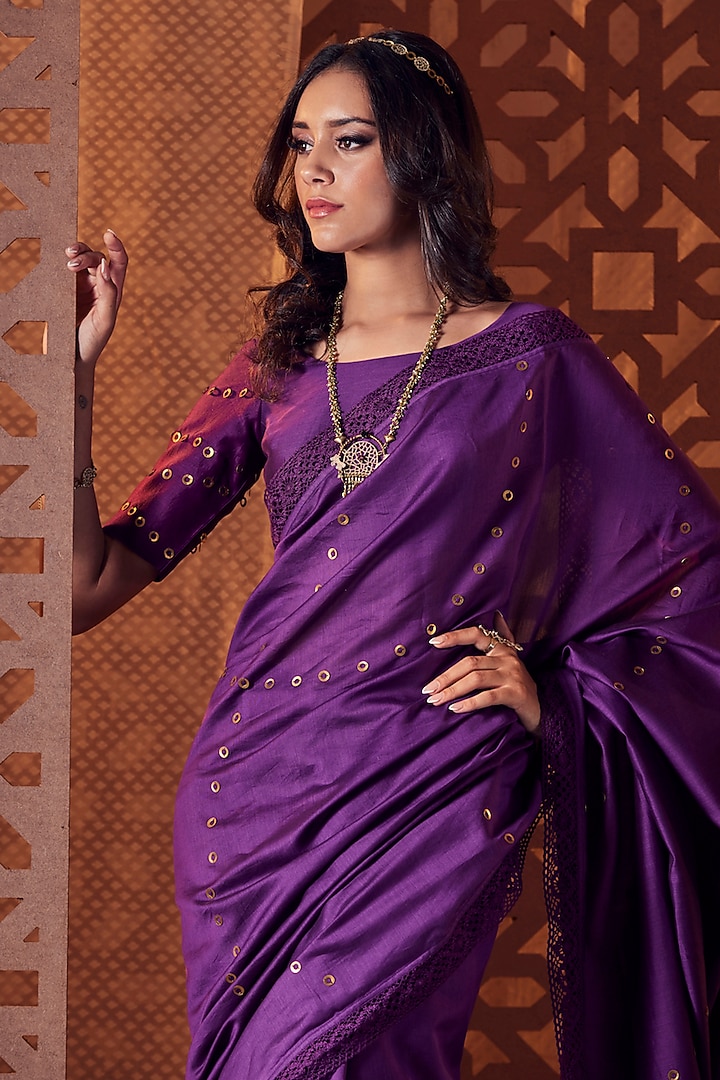 Purple Chanderi Embellished Party Wear Saree Set by Charkhee at Pernia's Pop Up Shop