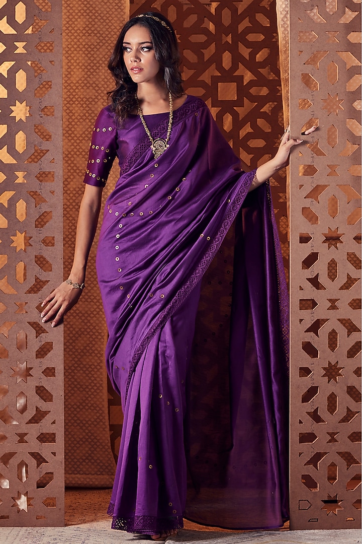 Purple Chanderi Embellished Party Wear Saree Set by Charkhee at Pernia's Pop Up Shop