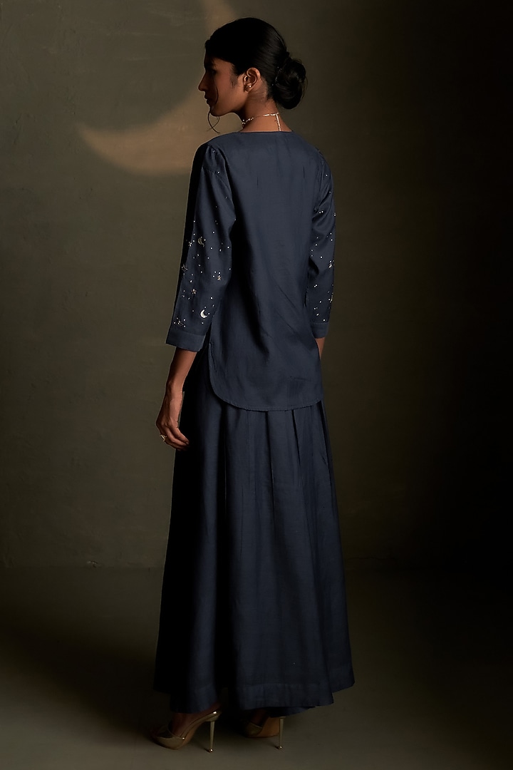 Dusk Blue Mul Chanderi & Voil Divided Flared Skirt Set by Charkhee at Pernia's Pop Up Shop