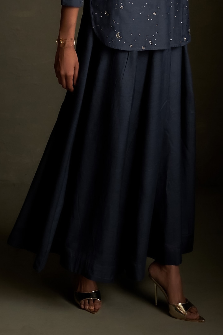 Dusk Blue Mul Chanderi & Voil Divided Flared Skirt Set by Charkhee at Pernia's Pop Up Shop