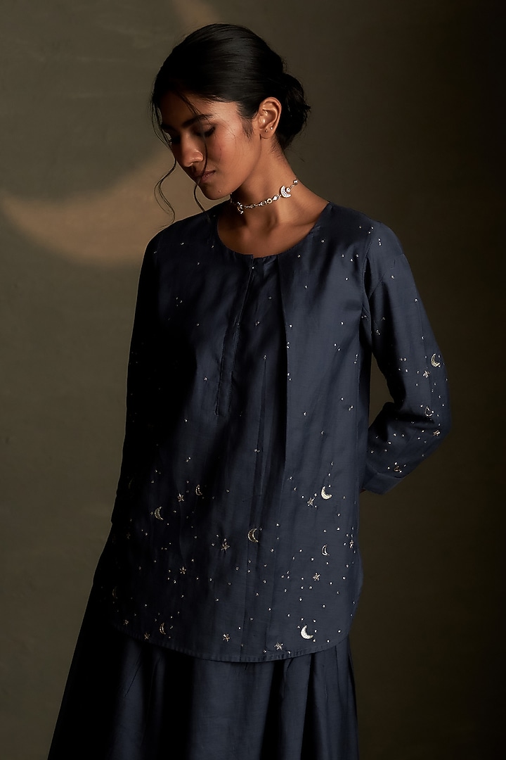 Dusk Blue Mul Chanderi & Voil Divided Flared Skirt Set by Charkhee at Pernia's Pop Up Shop
