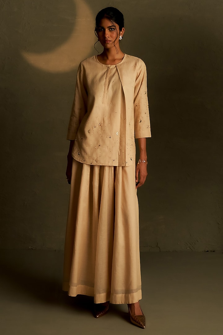 Dusk Beige Mul Chanderi & Voil Divided Flared Skirt Set by Charkhee at Pernia's Pop Up Shop