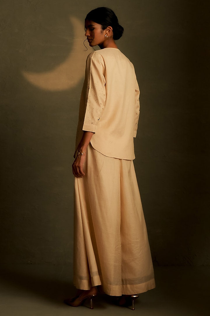 Dusk Beige Mul Chanderi & Voil Divided Flared Skirt Set by Charkhee at Pernia's Pop Up Shop