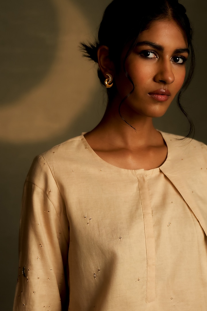Dusk Beige Mul Chanderi & Voil Divided Flared Skirt Set by Charkhee at Pernia's Pop Up Shop