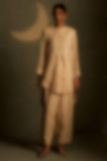 Beige Mul Chanderi & Voil Embroidered Kurta Set by Charkhee at Pernia's Pop Up Shop