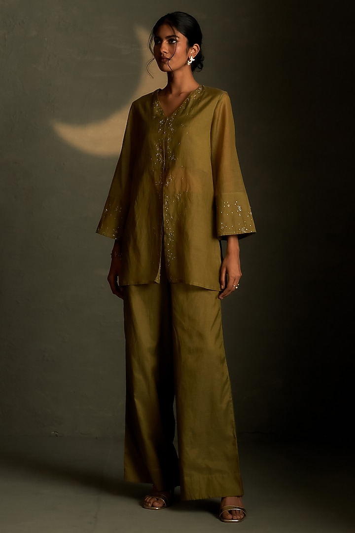 Olive Dusk Mul Chanderi & Voil Embroidered Co-Ord Set by Charkhee at Pernia's Pop Up Shop