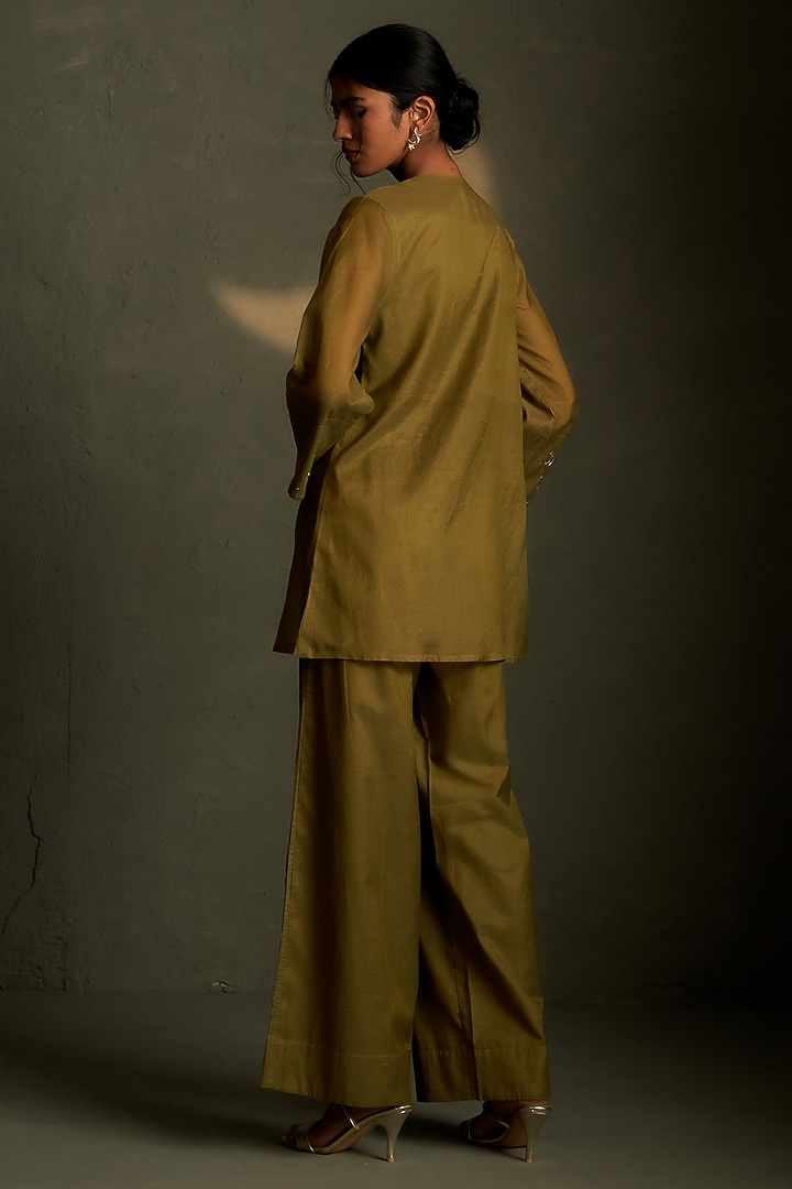 Olive Dusk Mul Chanderi & Voil Embroidered Co-Ord Set by Charkhee at Pernia's Pop Up Shop