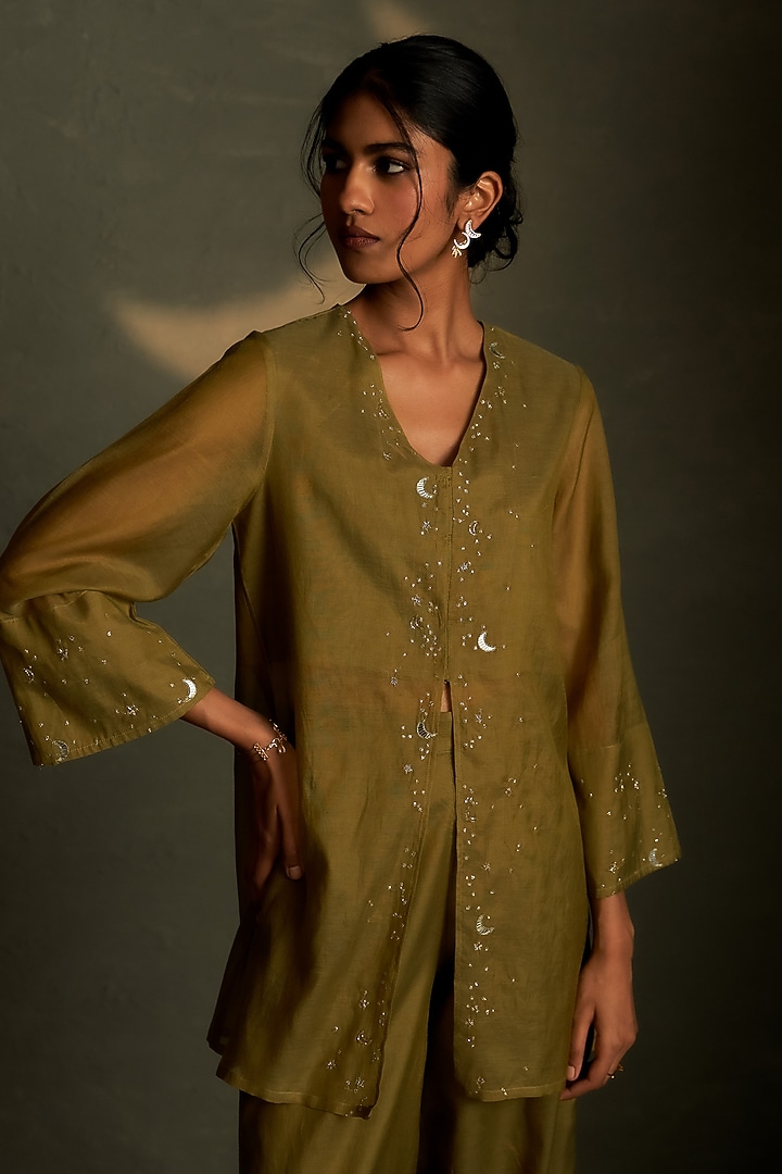 Olive Dusk Mul Chanderi & Voil Embroidered Co-Ord Set by Charkhee at Pernia's Pop Up Shop