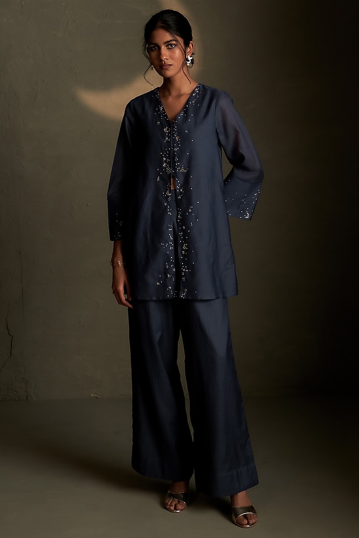 Blue Dusk Mul Chanderi & Voil Embroidered Co-Ord Set by Charkhee at Pernia's Pop Up Shop