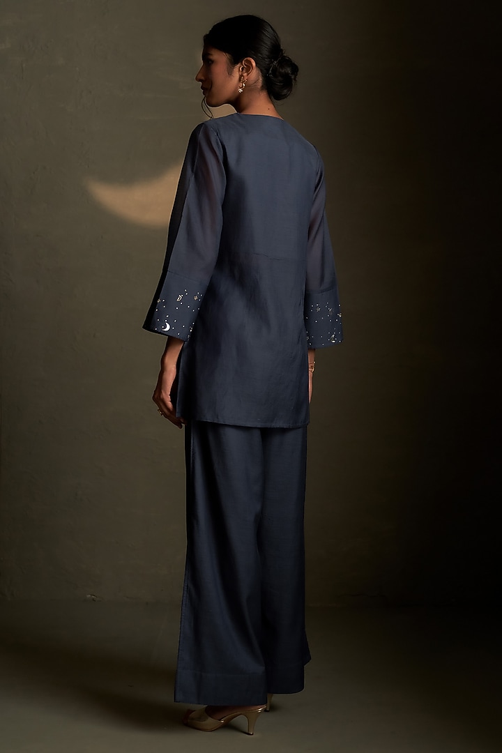 Blue Dusk Mul Chanderi & Voil Embroidered Co-Ord Set by Charkhee at Pernia's Pop Up Shop