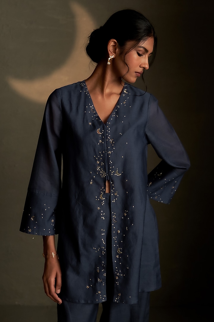 Blue Dusk Mul Chanderi & Voil Embroidered Co-Ord Set by Charkhee at Pernia's Pop Up Shop