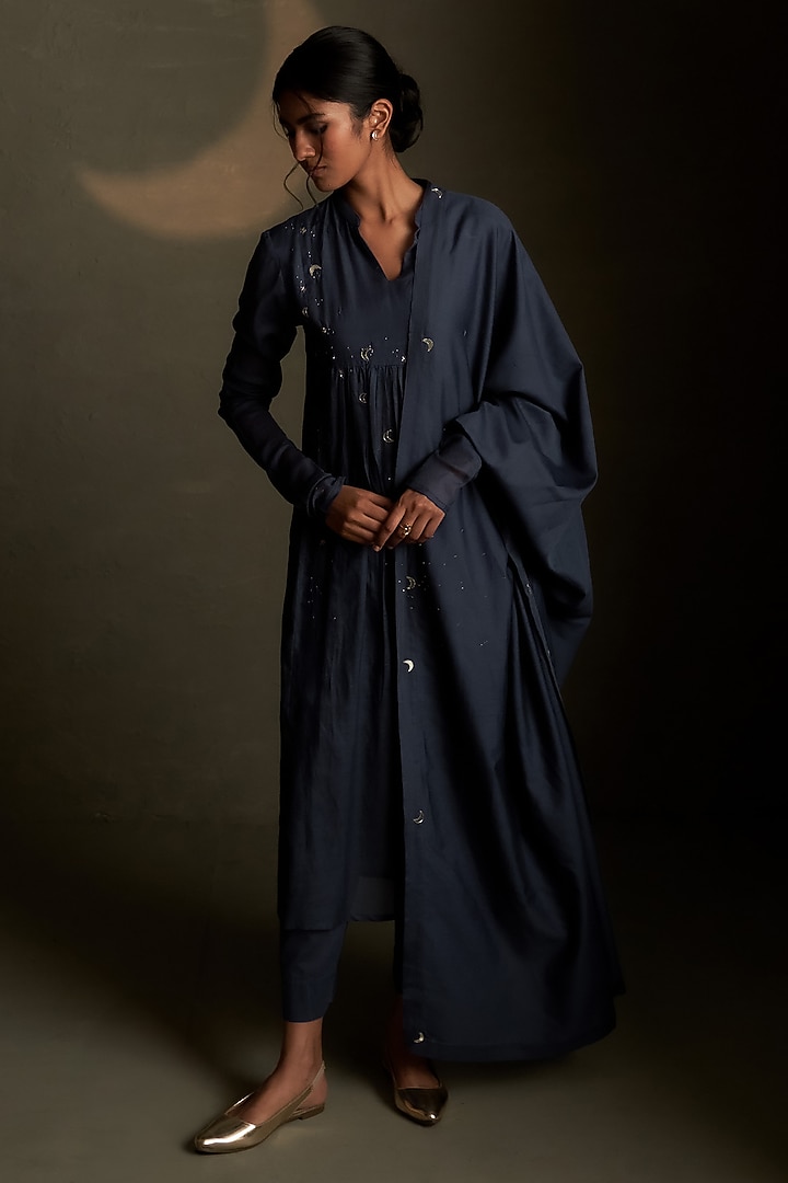 Blue Dusk Mul Chanderi & Voil Embroidered Kurta Set by Charkhee at Pernia's Pop Up Shop