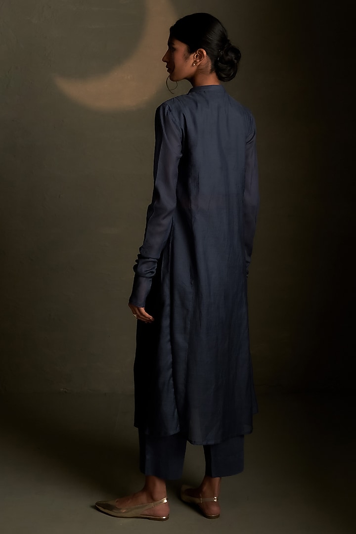 Blue Dusk Mul Chanderi & Voil Embroidered Kurta Set by Charkhee at Pernia's Pop Up Shop