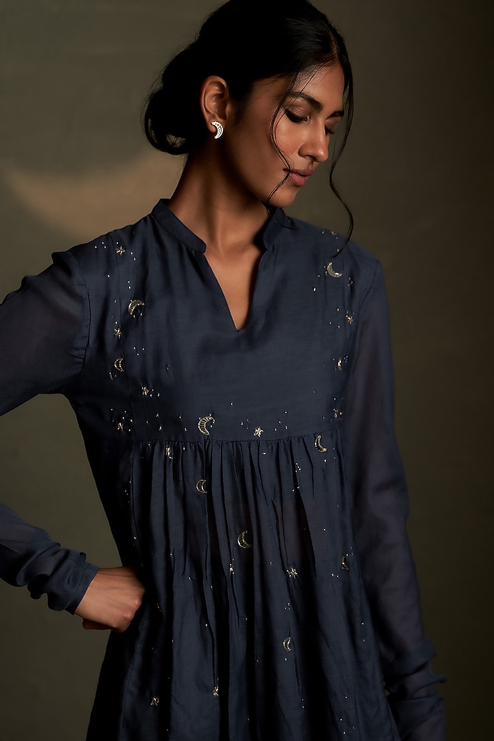 Blue Dusk Mul Chanderi & Voil Embroidered Kurta Set by Charkhee at Pernia's Pop Up Shop
