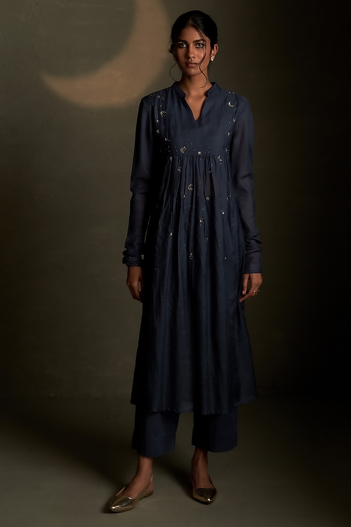 Blue Dusk Mul Chanderi & Voil Embroidered Kurta Set by Charkhee at Pernia's Pop Up Shop