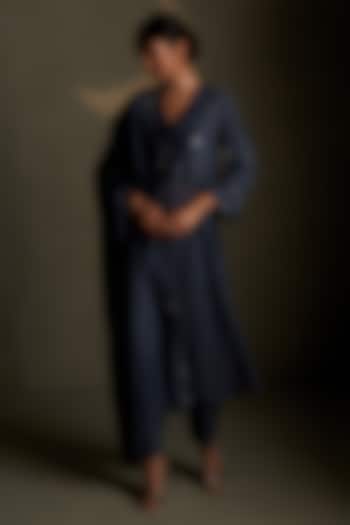 Blue Dusk Mul Chanderi & Voil Embroidered Kurta Set by Charkhee at Pernia's Pop Up Shop