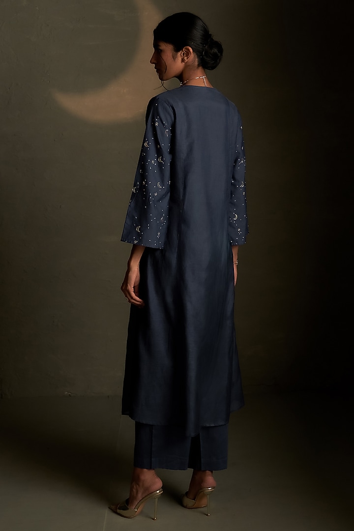Blue Dusk Mul Chanderi & Voil Embroidered Kurta Set by Charkhee at Pernia's Pop Up Shop