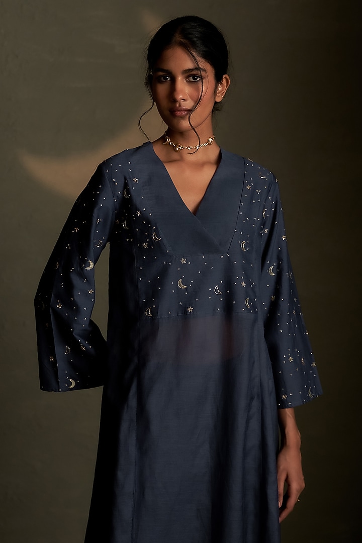 Blue Dusk Mul Chanderi & Voil Embroidered Kurta Set by Charkhee at Pernia's Pop Up Shop