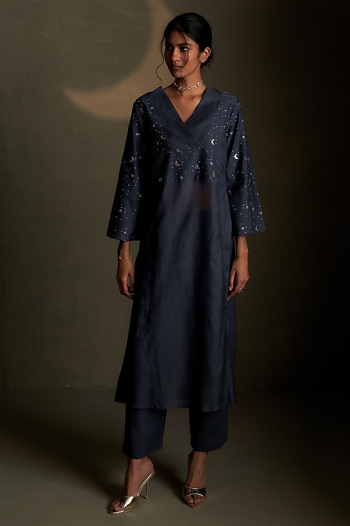 Blue Dusk Mul Chanderi & Voil Embroidered Kurta Set by Charkhee at Pernia's Pop Up Shop