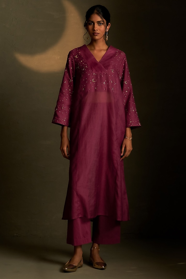 Twilight Magenta Mul Chanderi & Voil Embroidered Kurta Set by Charkhee at Pernia's Pop Up Shop