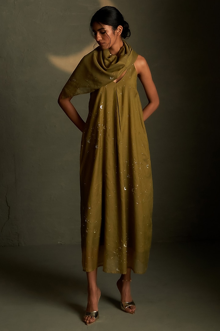 Olive Dusk Mul Chanderi & Voil Ankle-Length Summer Dress With Scarf by Charkhee at Pernia's Pop Up Shop