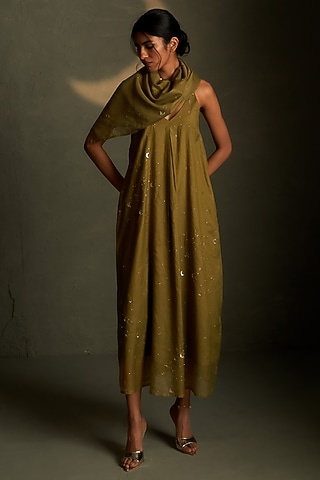 Olive Dusk Mul Chanderi & Voil Ankle-Length Dress With Scarf by Charkhee