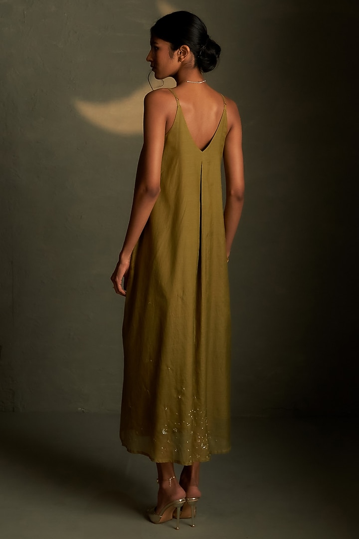 Olive Dusk Mul Chanderi & Voil Ankle-Length Summer Dress With Scarf by Charkhee at Pernia's Pop Up Shop