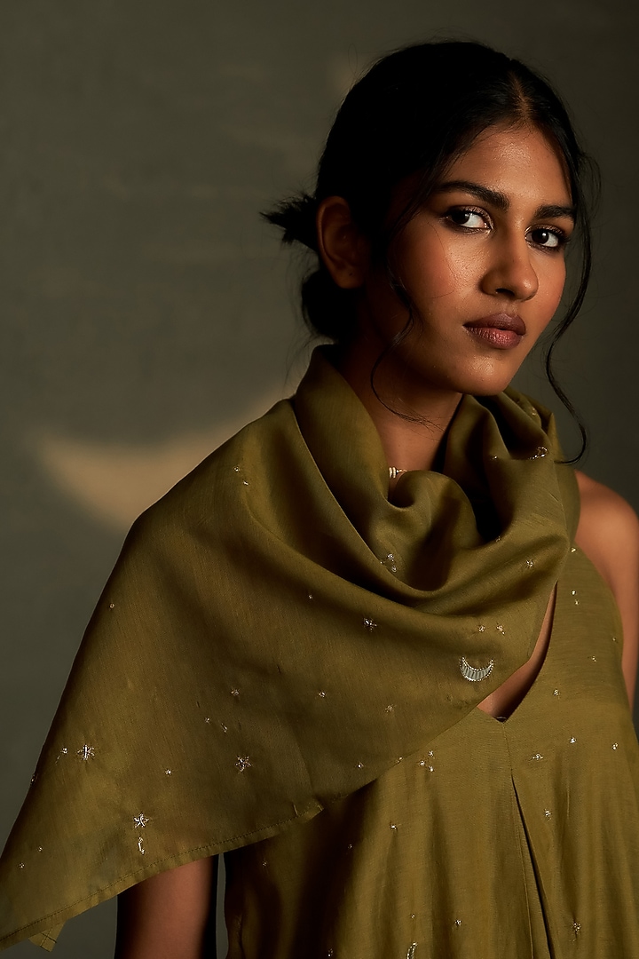 Olive Dusk Mul Chanderi & Voil Ankle-Length Summer Dress With Scarf by Charkhee at Pernia's Pop Up Shop