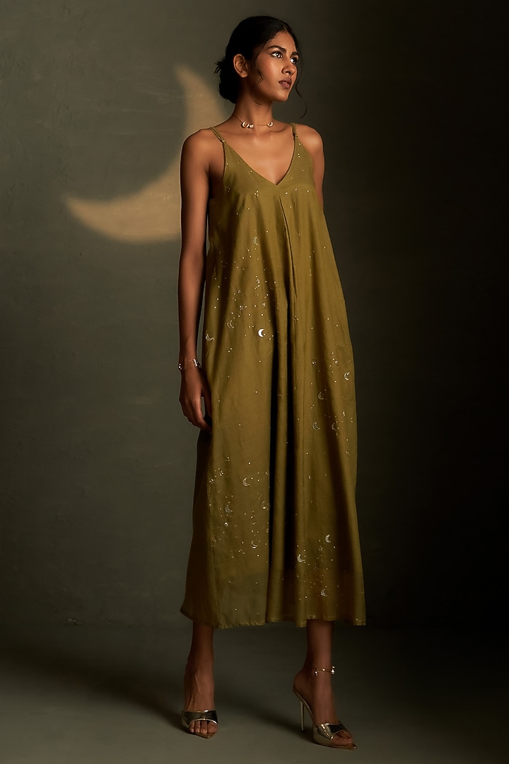 Olive Dusk Mul Chanderi & Voil Ankle-Length Summer Dress With Scarf by Charkhee at Pernia's Pop Up Shop
