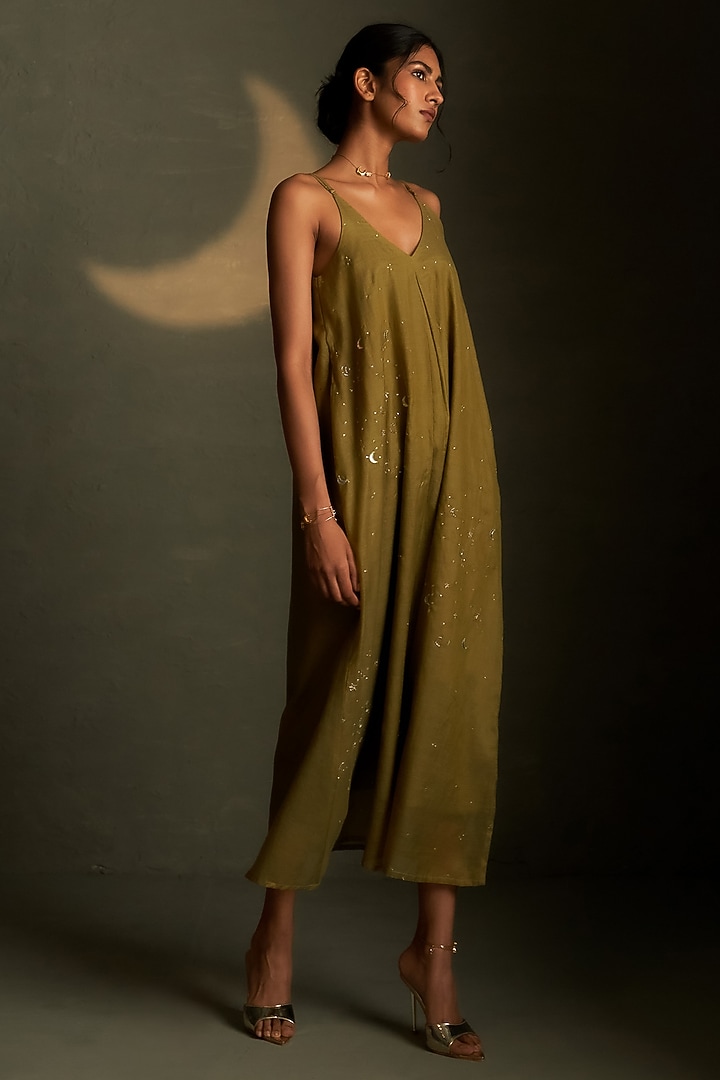 Olive Dusk Mul Chanderi & Voil Ankle-Length Summer Dress by Charkhee at Pernia's Pop Up Shop
