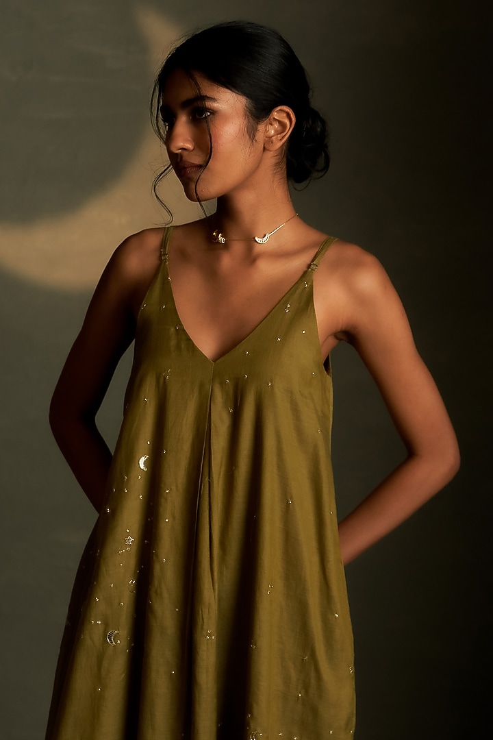 Olive Dusk Mul Chanderi & Voil Ankle-Length Summer Dress by Charkhee at Pernia's Pop Up Shop