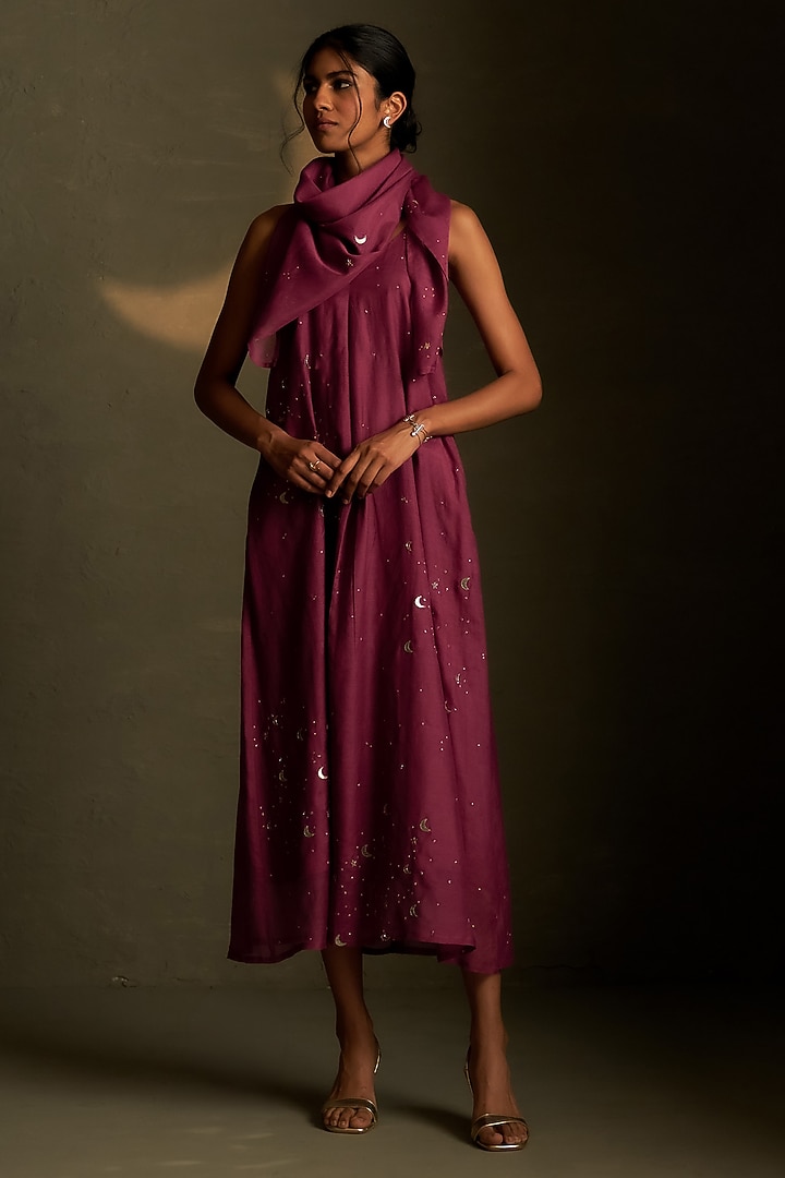 Twilight Magenta Mul Chanderi & Voil Ankle-Length Summer Dress With Scarf by Charkhee at Pernia's Pop Up Shop