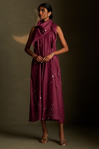 Twilight Magenta Mul Chanderi & Voil Ankle-Length Dress With Scarf by Charkhee
