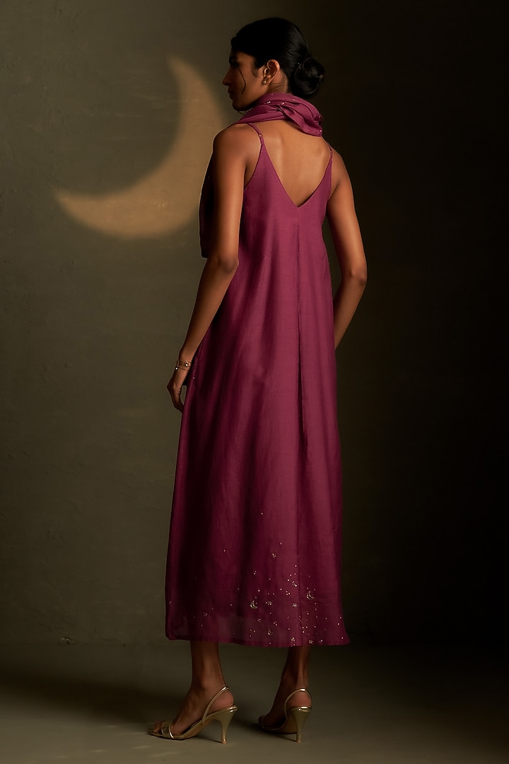 Twilight Magenta Mul Chanderi & Voil Ankle-Length Summer Dress With Scarf by Charkhee at Pernia's Pop Up Shop