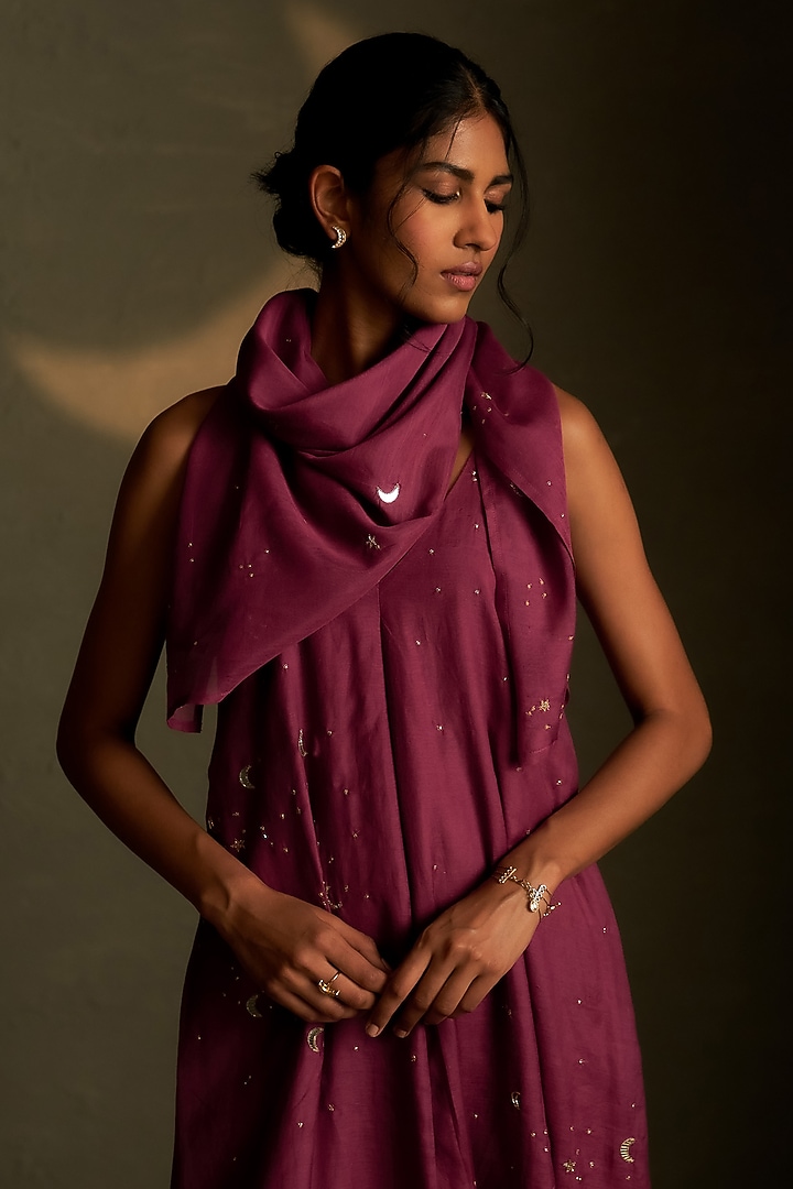 Twilight Magenta Mul Chanderi & Voil Ankle-Length Summer Dress With Scarf by Charkhee at Pernia's Pop Up Shop