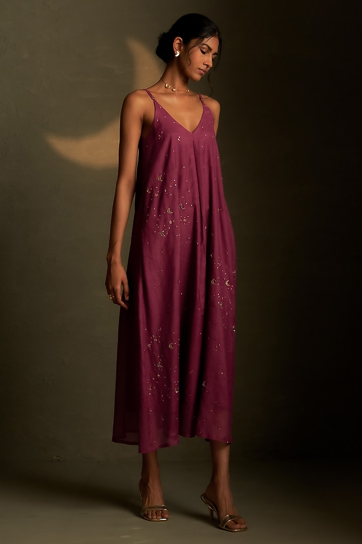 Twilight Magenta Mul Chanderi & Voil Ankle-Length Summer Dress With Scarf by Charkhee at Pernia's Pop Up Shop