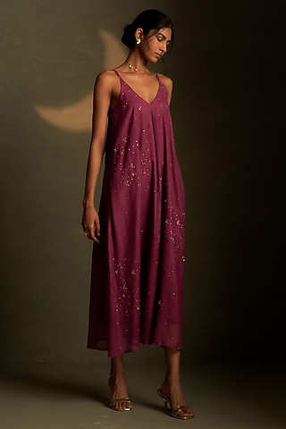 Twilight Magenta Mul Chanderi & Voil Ankle-Length Dress by Charkhee