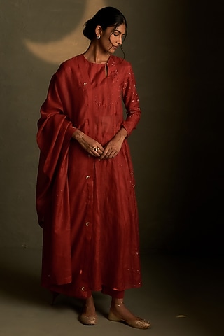 Crimson Mul Chanderi & Voil Embroidered Anarkali Set by Charkhee